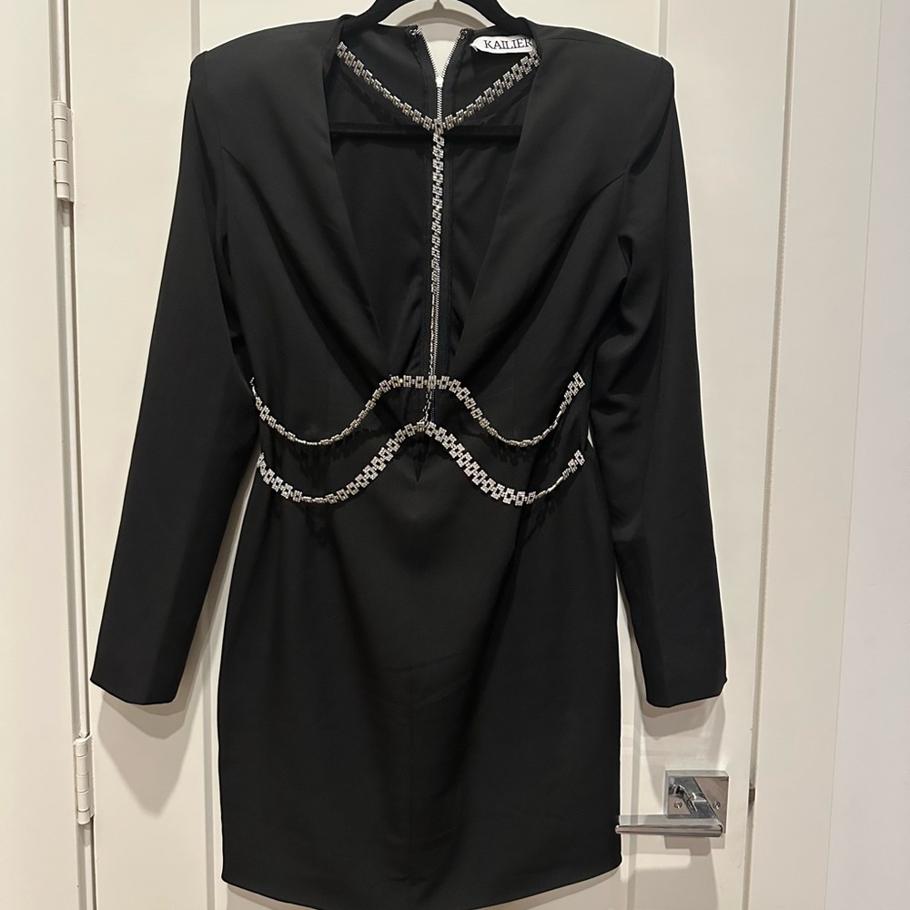 Kailier black mini dress with rhinestone trim, long sleeves, size M